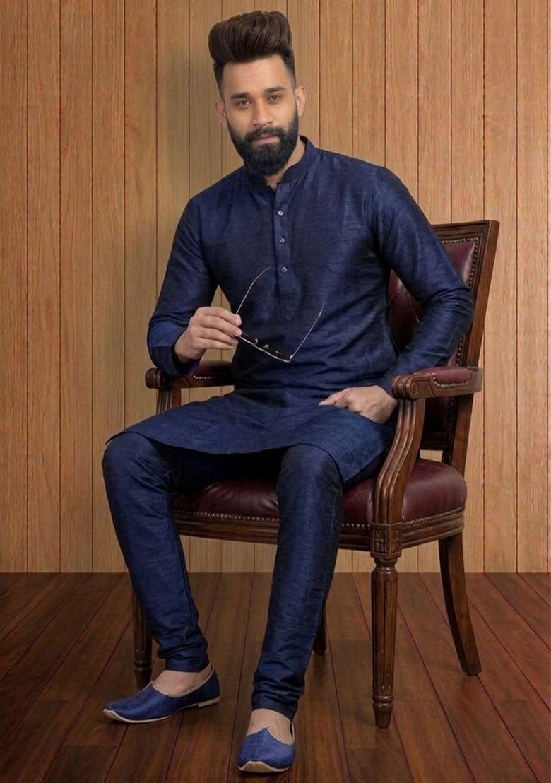 Blue Embroidered Silk Pyjama Set For Men - Indya