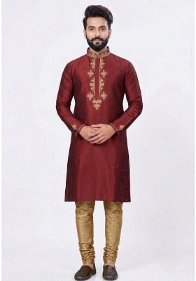 Beige Embroidered Silk Pyjama Set For Men