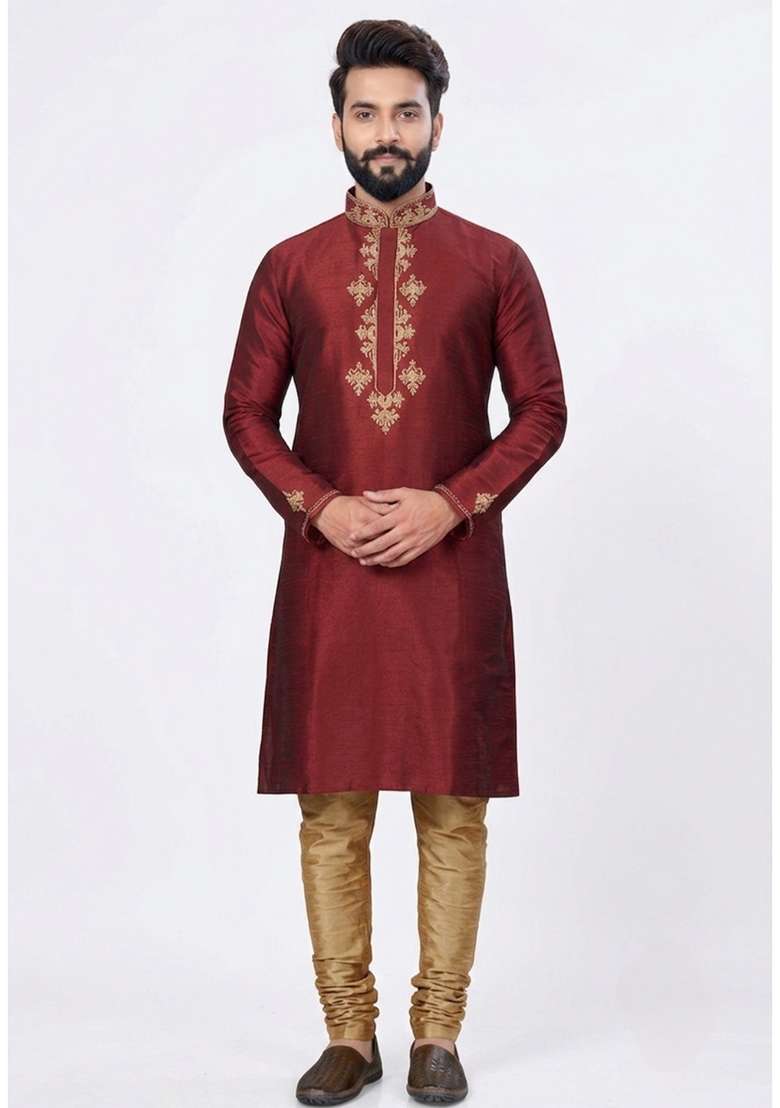 Beige Embroidered Silk Pyjama Set For Men - Indya