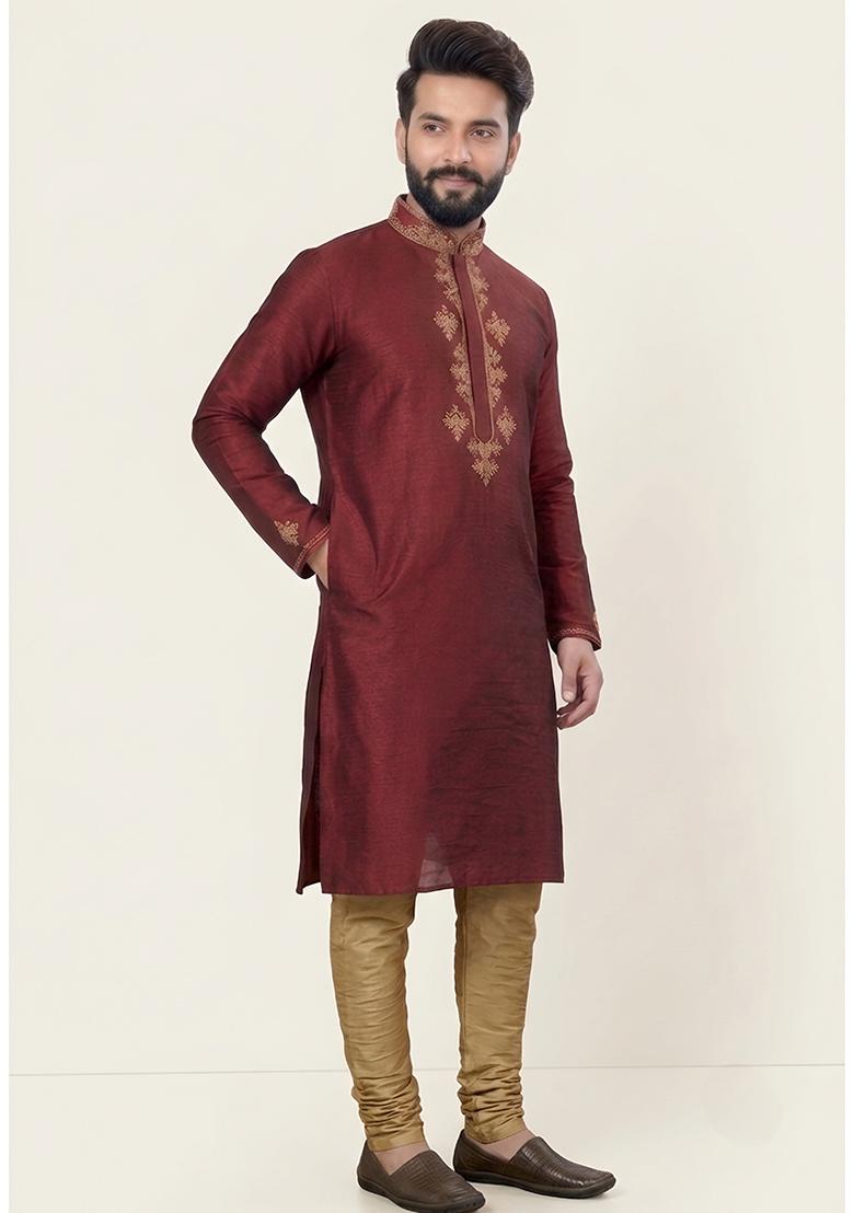Beige Embroidered Silk Pyjama Set For Men - Indya