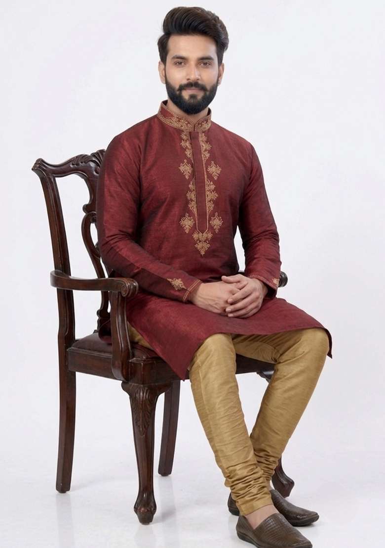 Beige Embroidered Silk Pyjama Set For Men - Indya
