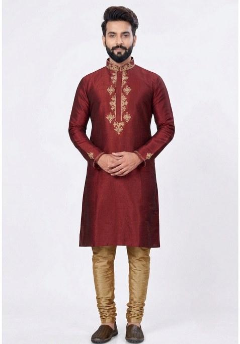 Beige Embroidered Silk Pyjama Set For Men