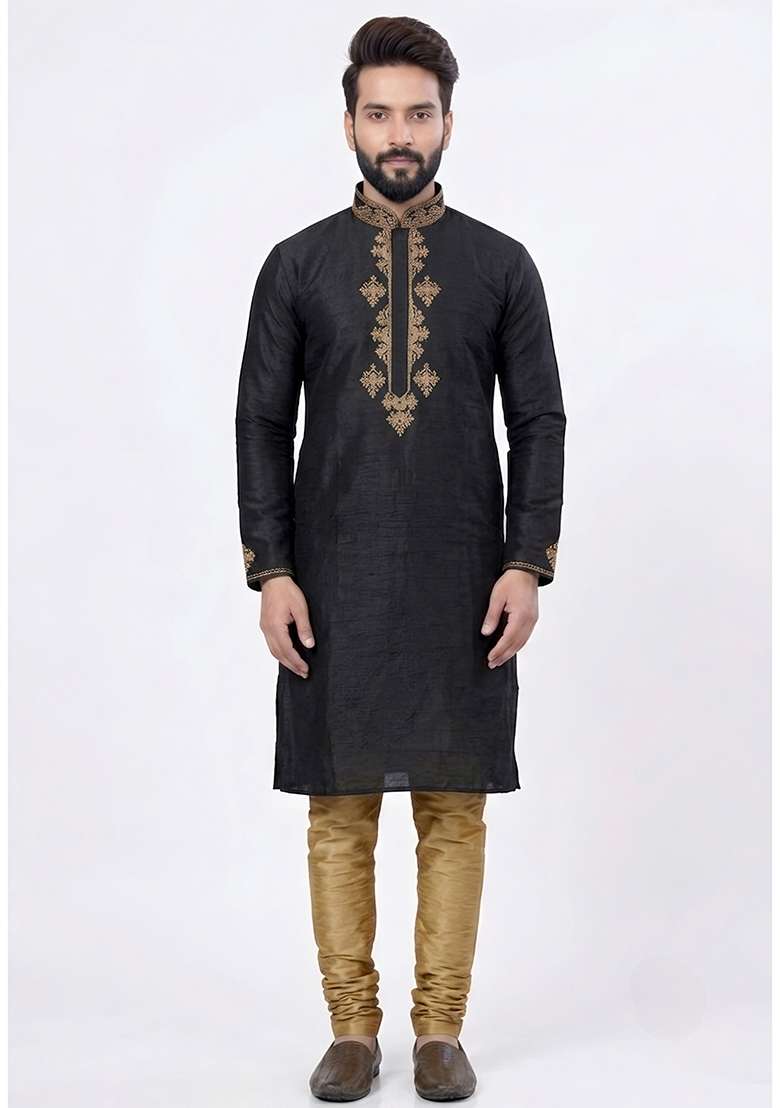 Beige Embroidered Silk Pyjama Set For Men - Indya