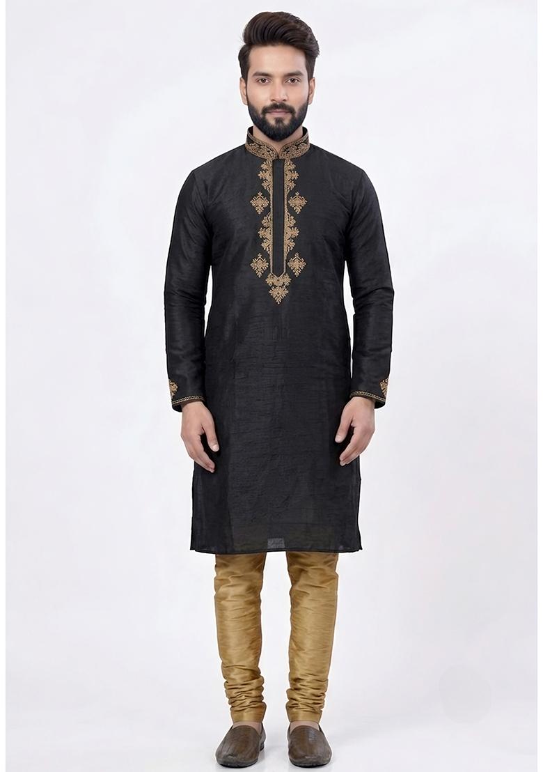 Beige Embroidered Silk Pyjama Set For Men - Indya
