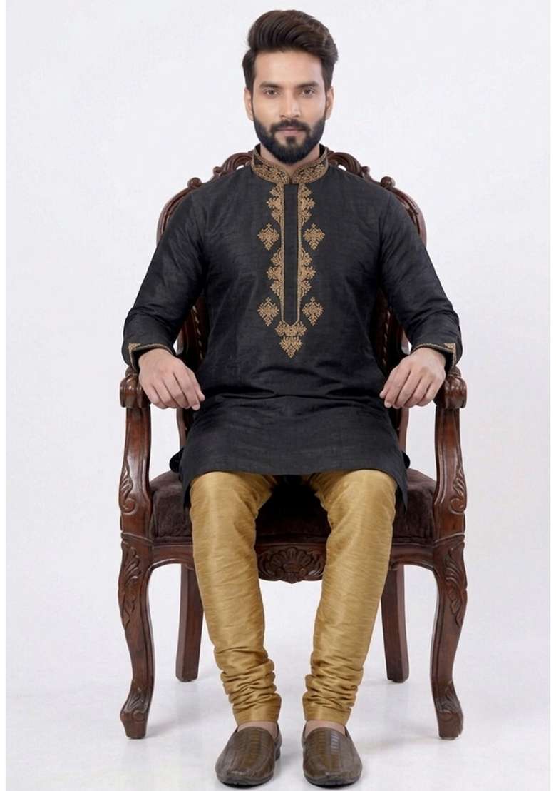 Beige Embroidered Silk Pyjama Set For Men - Indya