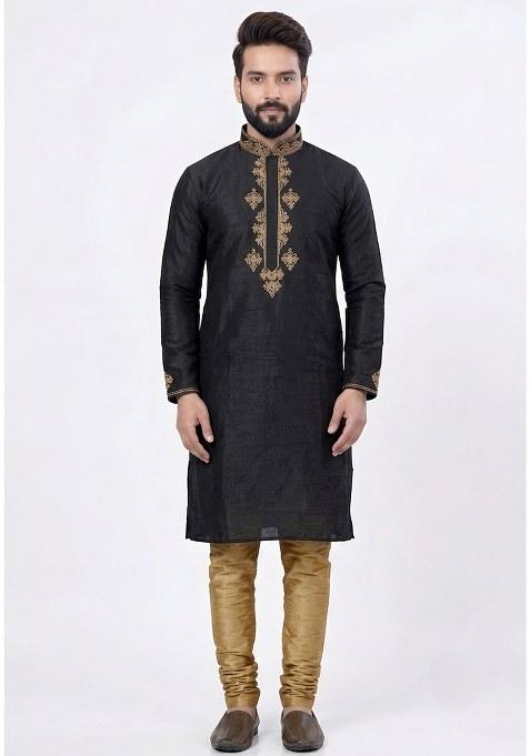 Beige Embroidered Silk Pyjama Set For Men