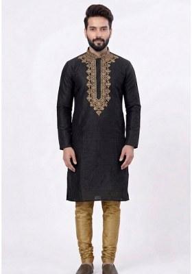 Beige Embroidered Silk Pyjama Set For Men