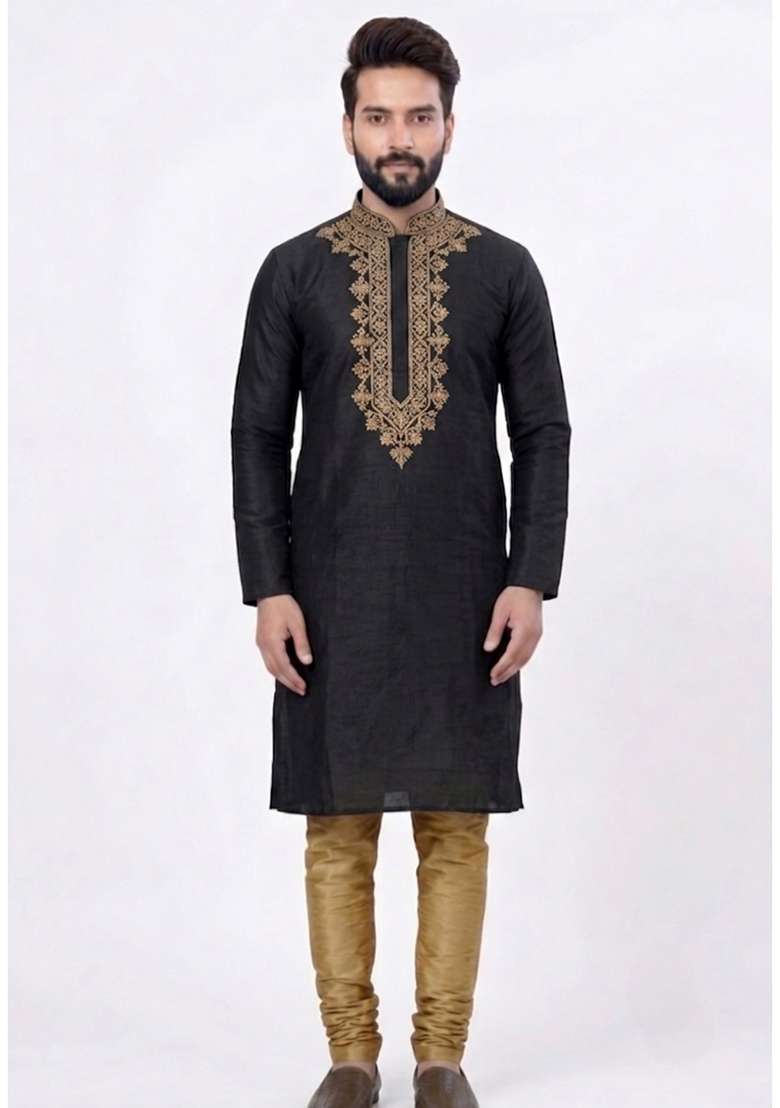 Beige Embroidered Silk Pyjama Set For Men - Indya