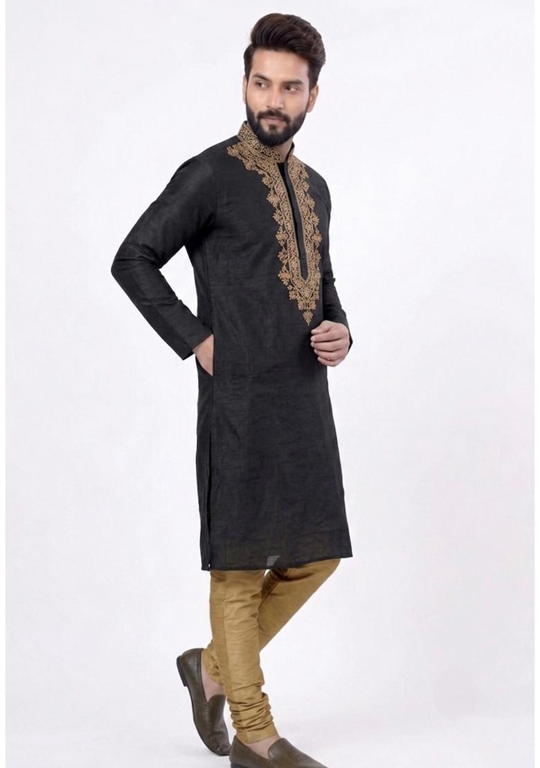 Beige Embroidered Silk Pyjama Set For Men - Indya