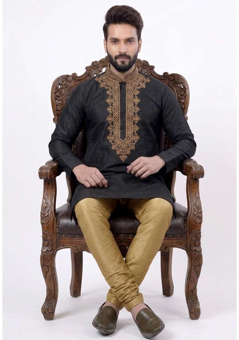 Beige Embroidered Silk Pyjama Set For Men - Indya