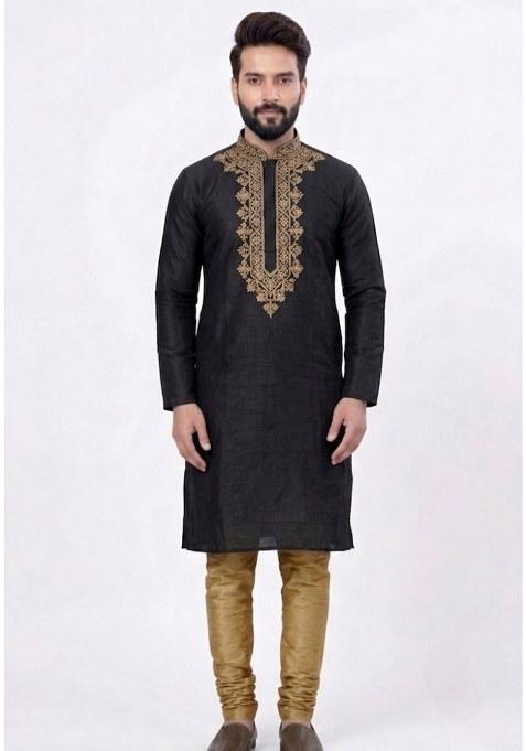 Beige Embroidered Silk Pyjama Set For Men