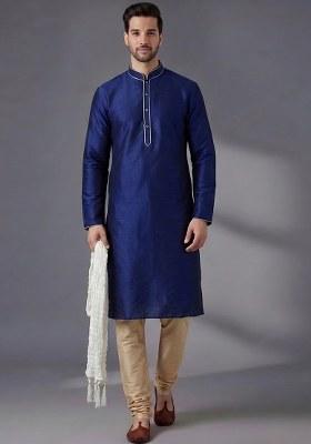 Beige Embroidered Silk Pyjama Set For Men