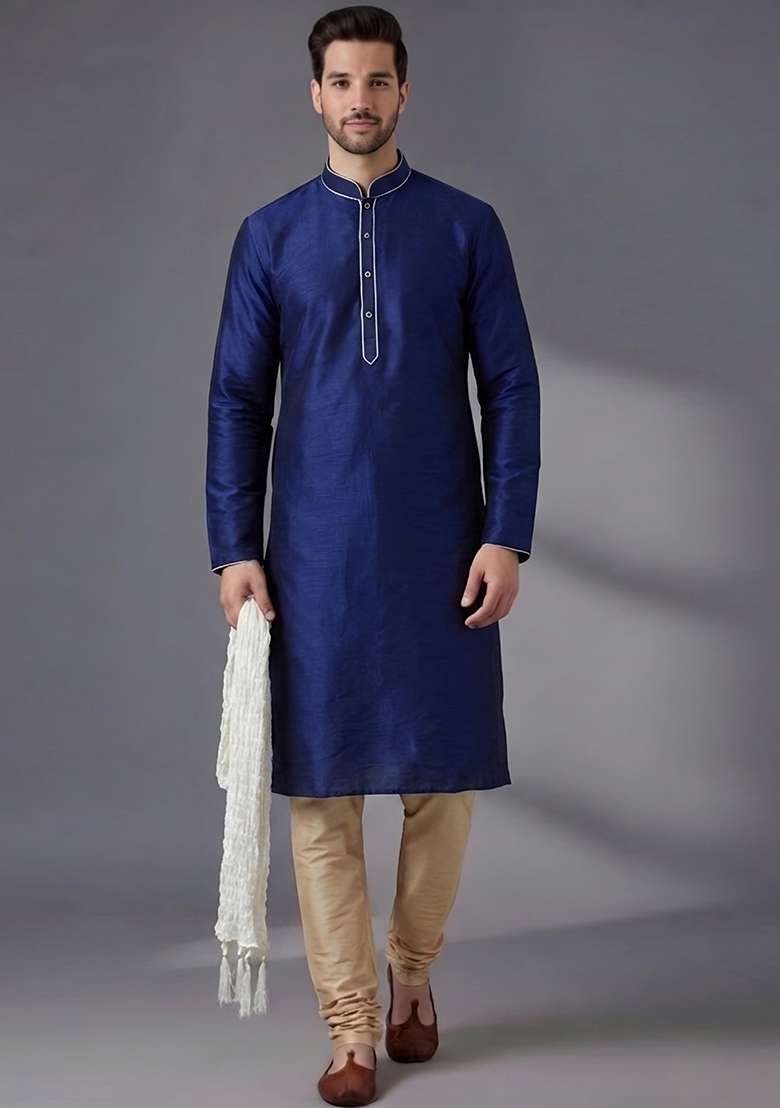 Beige Embroidered Silk Pyjama Set For Men - Indya