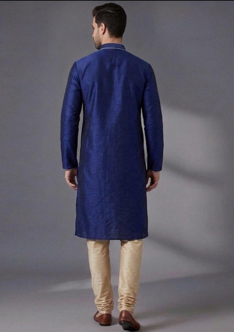 Beige Embroidered Silk Pyjama Set For Men - Indya