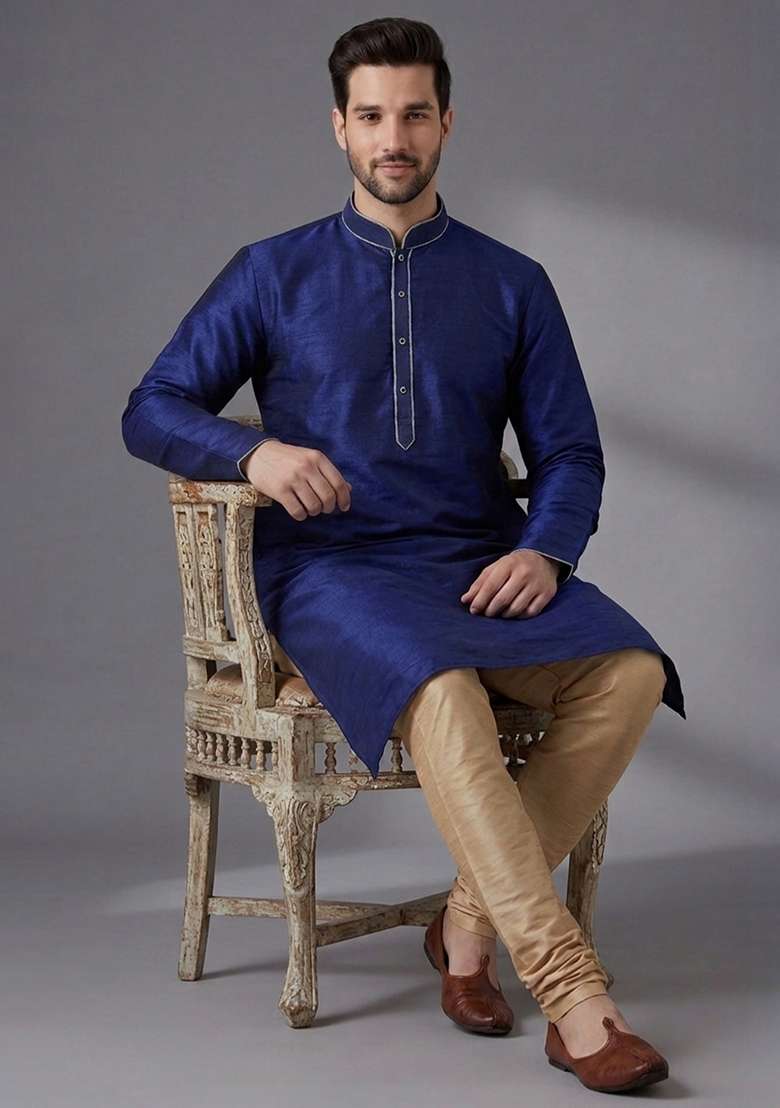 Beige Embroidered Silk Pyjama Set For Men - Indya