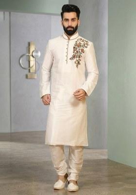 Beige Embroidered Silk Pyjama Set For Men