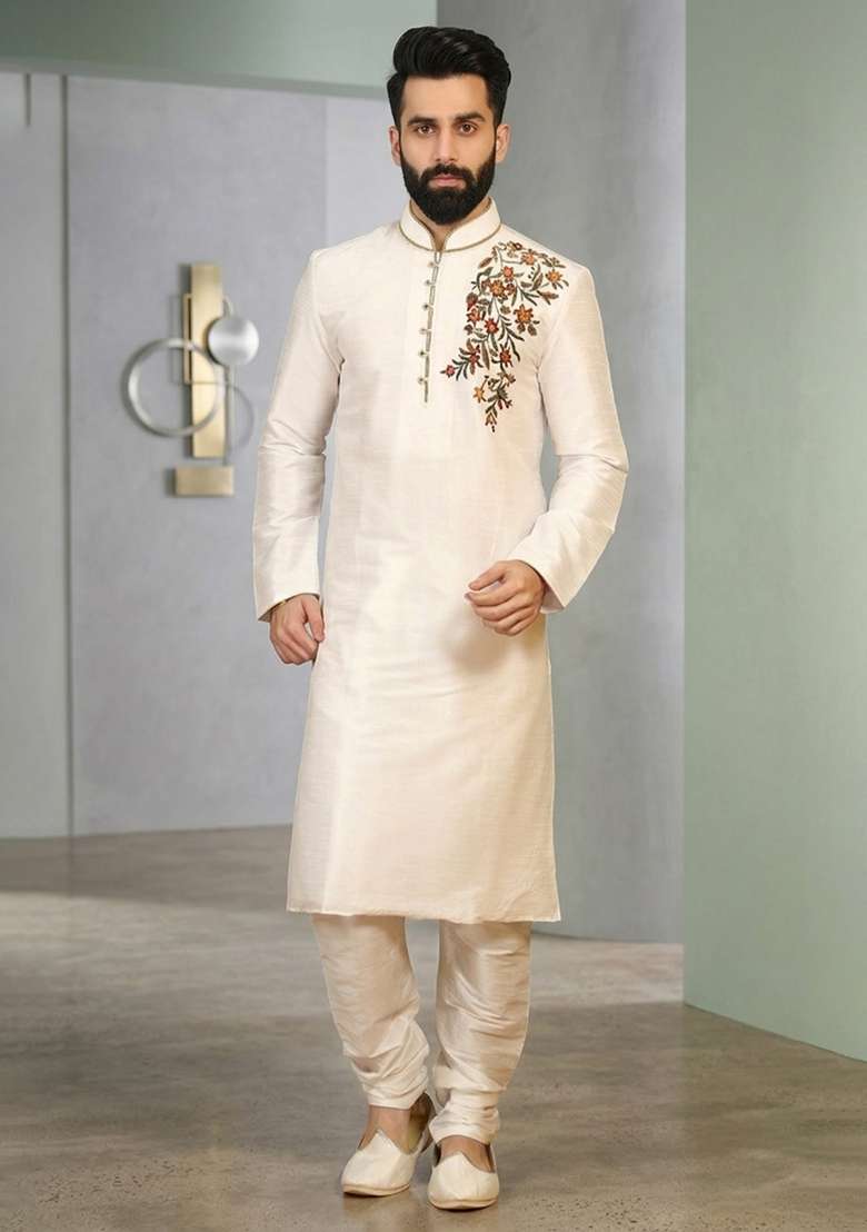 Beige Embroidered Silk Pyjama Set For Men - Indya