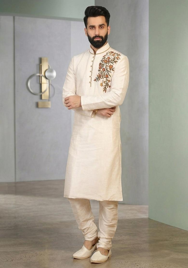Beige Embroidered Silk Pyjama Set For Men - Indya