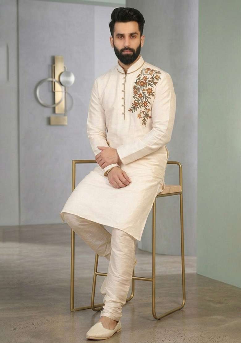 Beige Embroidered Silk Pyjama Set For Men - Indya