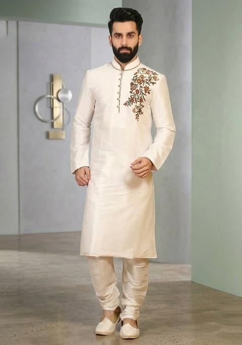 Beige Embroidered Silk Pyjama Set For Men