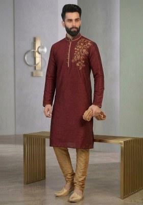 Beige Embroidered Silk Pyjama Set For Men