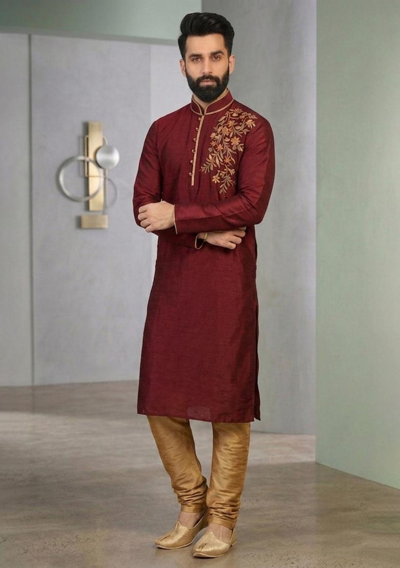 Beige Embroidered Silk Pyjama Set For Men - Indya