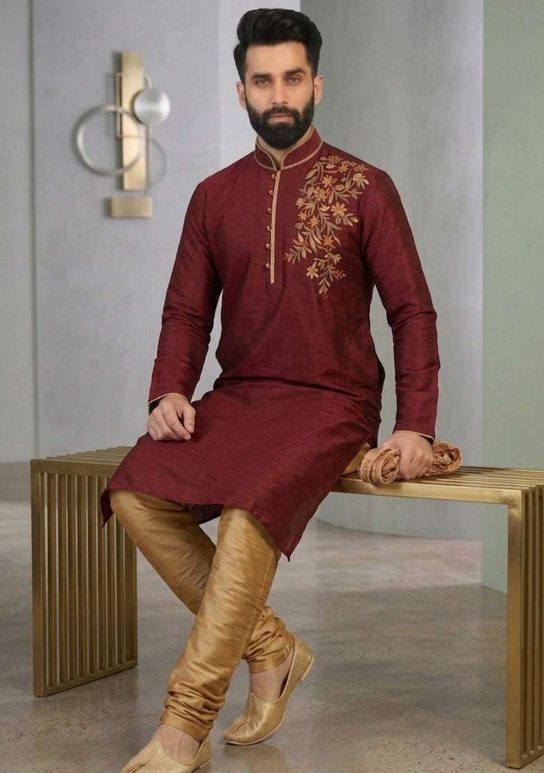 Beige Embroidered Silk Pyjama Set For Men - Indya