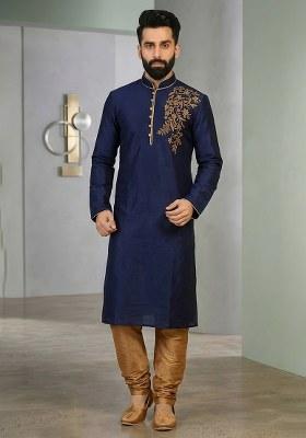Beige Embroidered Silk Pyjama Set For Men