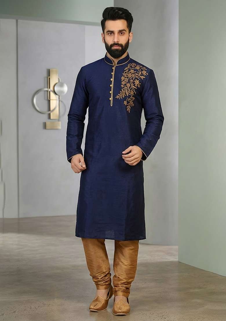 Beige Embroidered Silk Pyjama Set For Men - Indya