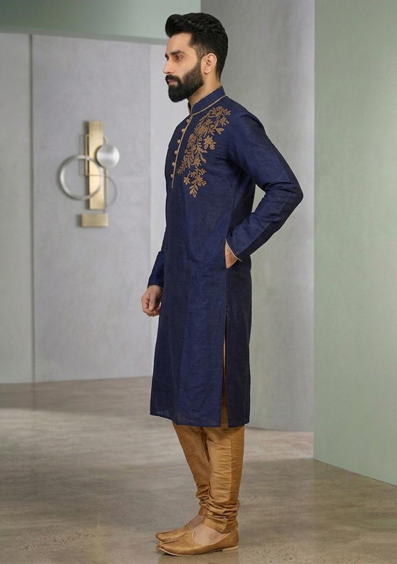 Beige Embroidered Silk Pyjama Set For Men - Indya