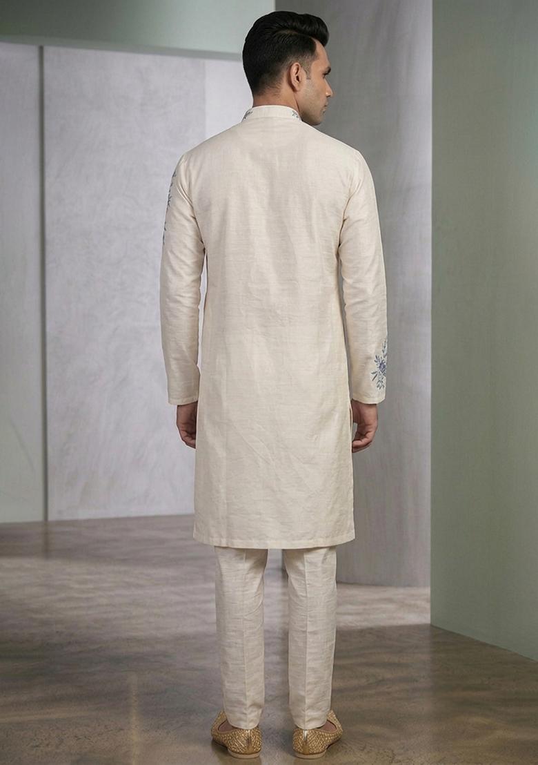 White Embroidered Silk Dhoti Kurta For Men - Indya