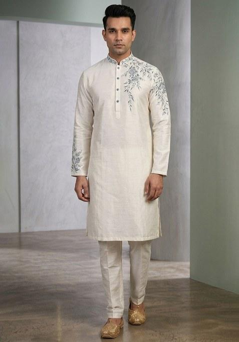 White Embroidered Silk Dhoti Kurta For Men