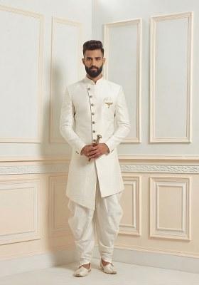 White Plain Silk Dhoti Kurta For Men