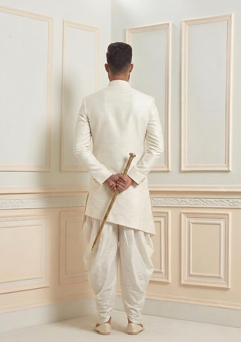White Plain Silk Dhoti Kurta For Men - Indya