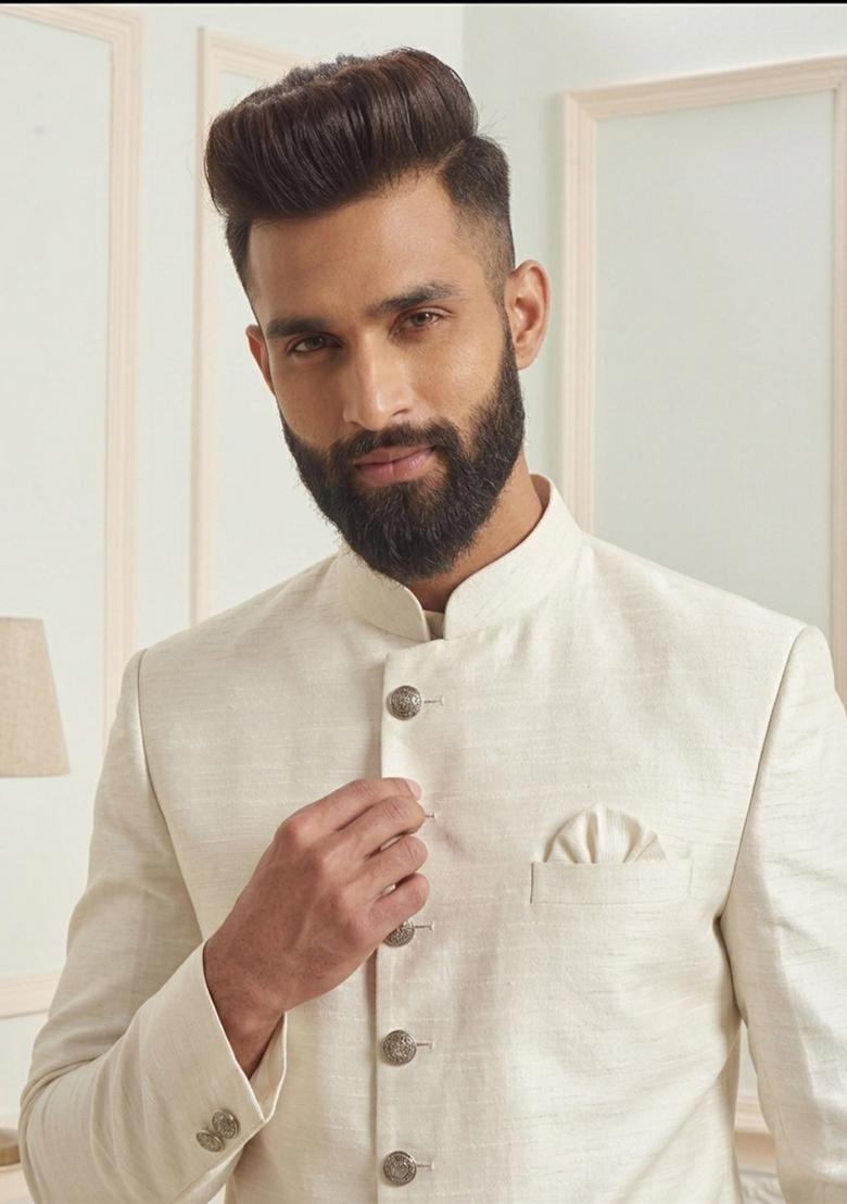 White Plain Silk Dhoti Kurta For Men - Indya