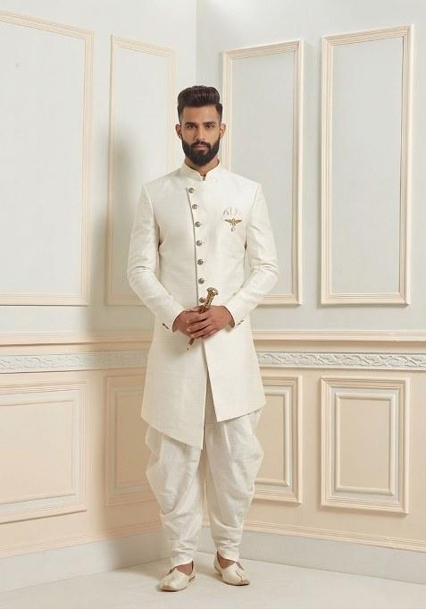 White Plain Silk Dhoti Kurta For Men