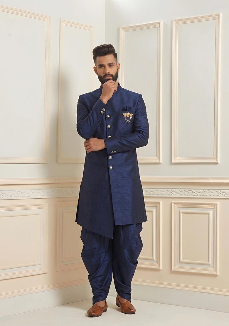Blue Plain Silk Dhoti Kurta For Men - Indya
