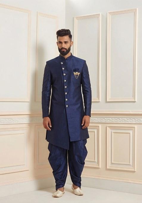 Blue Plain Silk Dhoti Kurta For Men