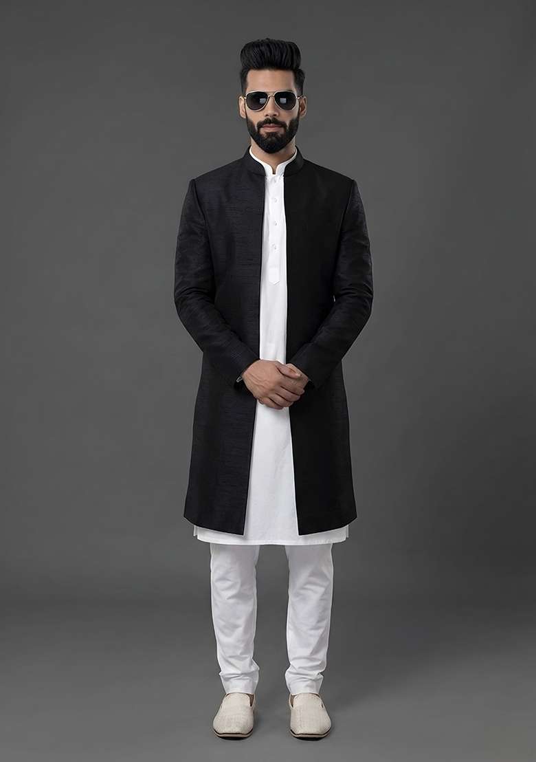 White Plain Silk Pyjama Set For Men - Indya