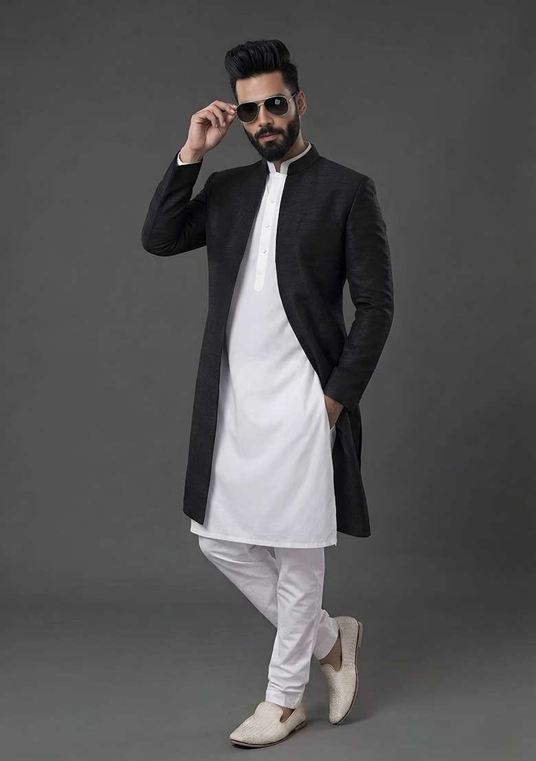 White Plain Silk Pyjama Set For Men - Indya