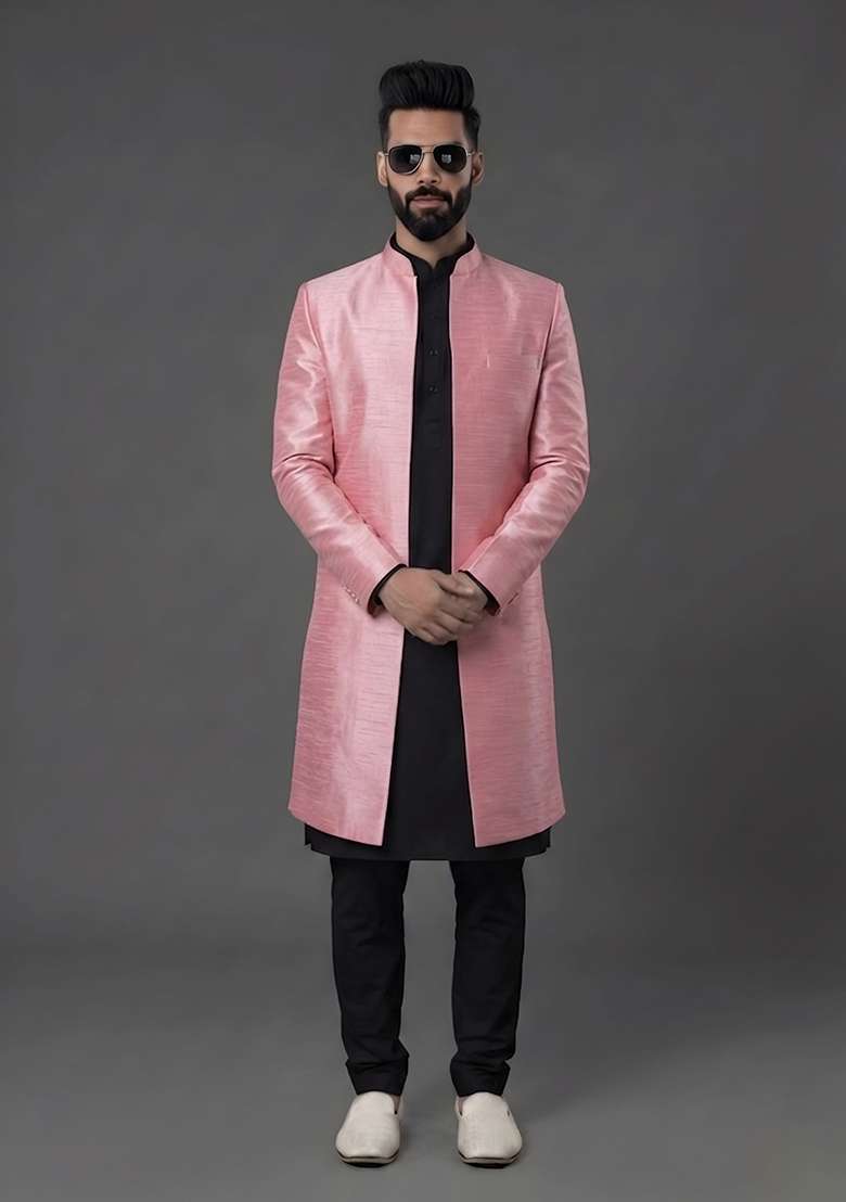 Black Plain Silk Pyjama Set For Men - Indya