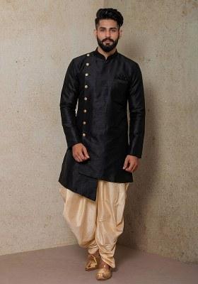 Beige Plain Silk Dhoti Kurta For Men