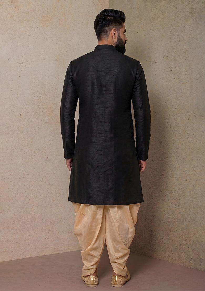 Beige Plain Silk Dhoti Kurta For Men - Indya