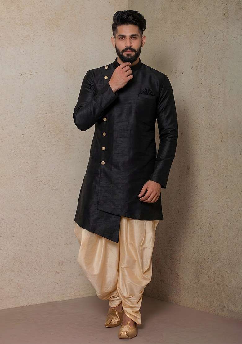 Beige Plain Silk Dhoti Kurta For Men - Indya