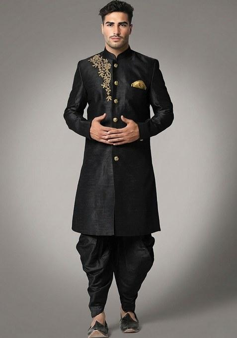 Black Embroidered Silk Dhoti Kurta For Men