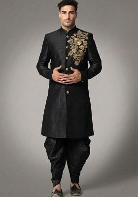Black Embroidered Silk Dhoti Kurta For Men