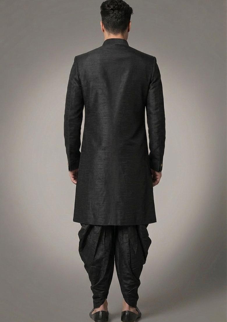 Black Embroidered Silk Dhoti Kurta For Men - Indya