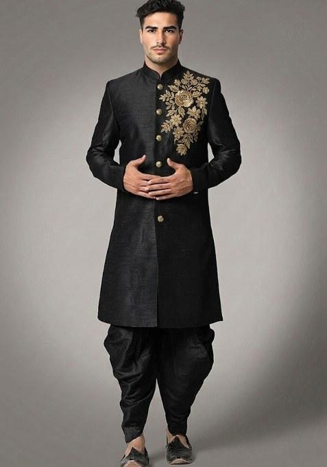 Black Embroidered Silk Dhoti Kurta For Men