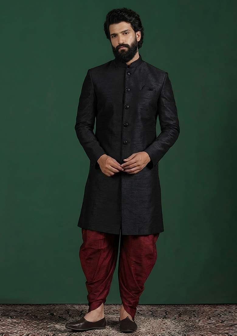 Maroon Plain Silk Pyjama Set For Men - Indya
