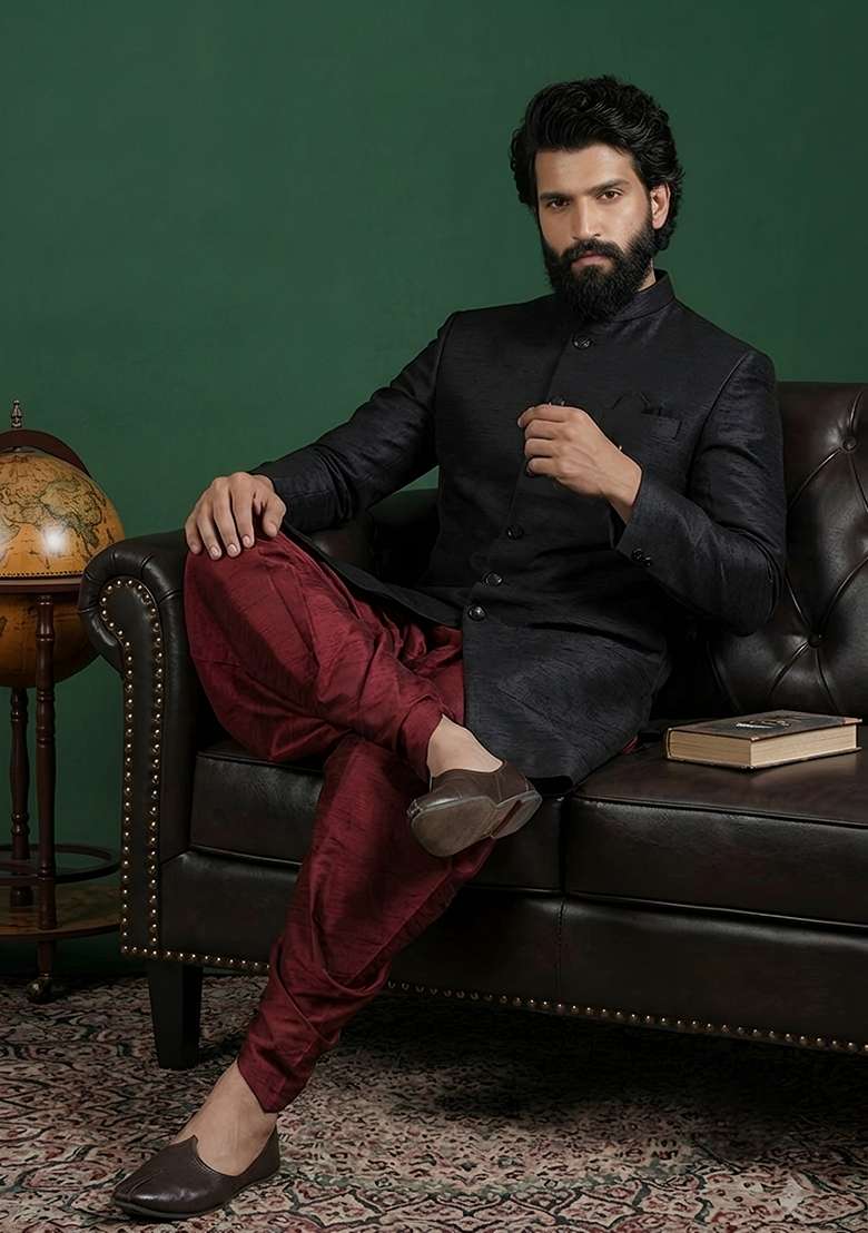 Maroon Plain Silk Pyjama Set For Men - Indya